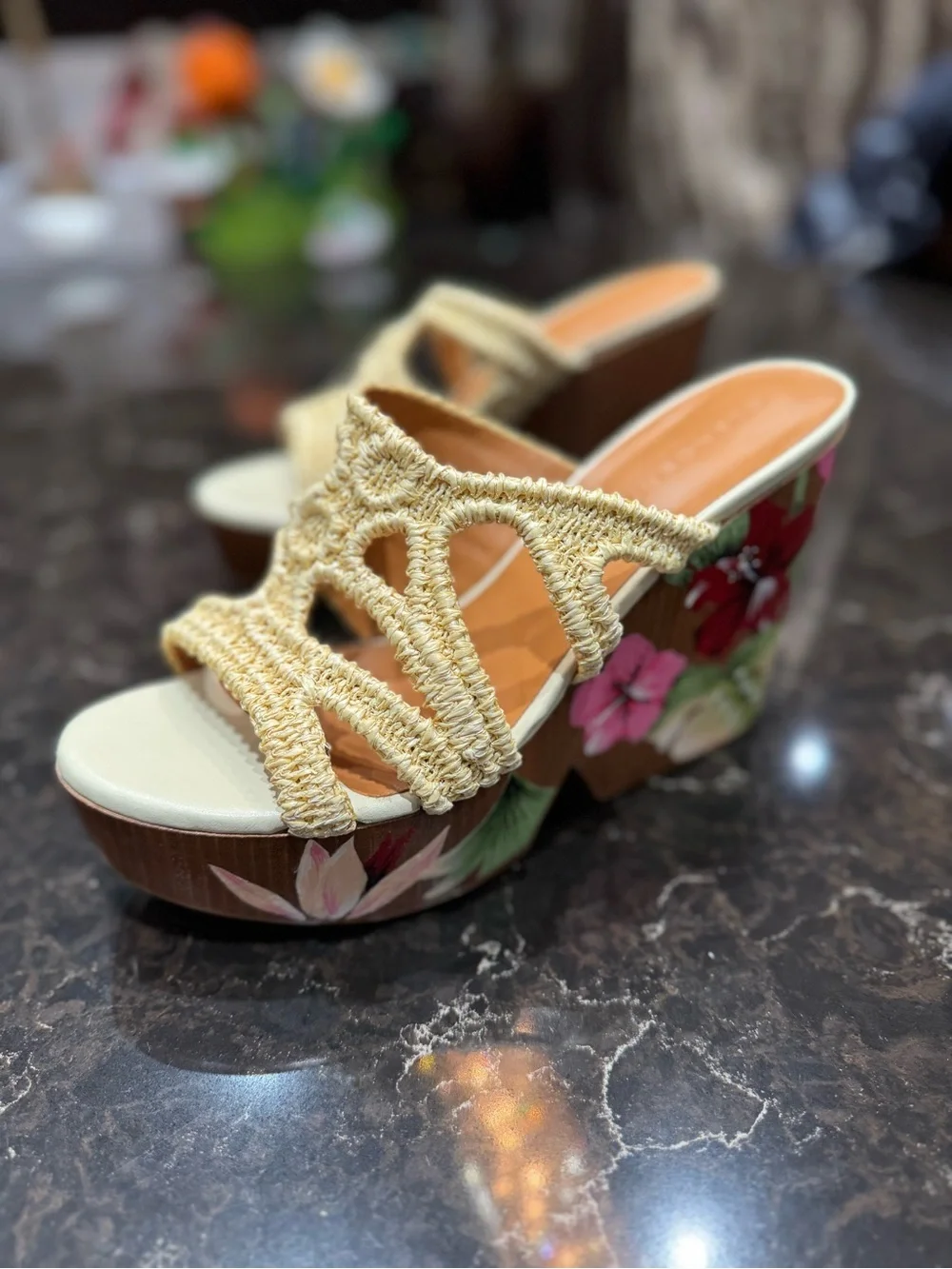 Clergerie Braided Natural Raffia Platform Slide with Floral Wood Wedge
